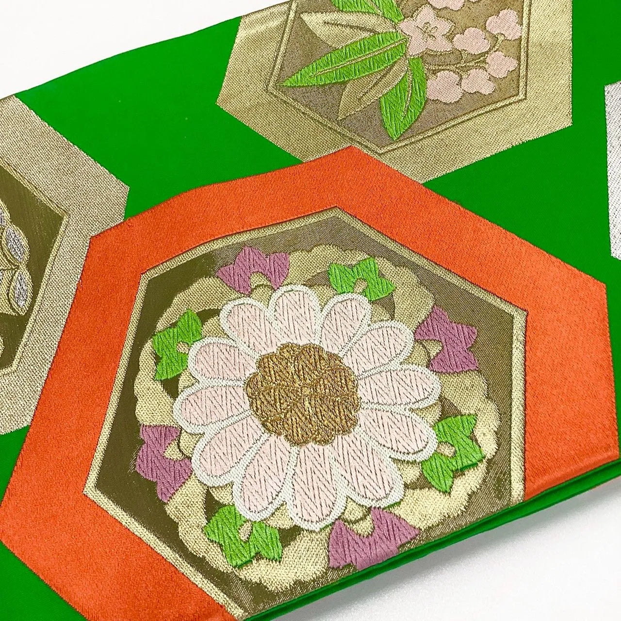 6278# Japanese Vintage Fukuro Obi Belt Kimono Fabric Silk Traditional Green