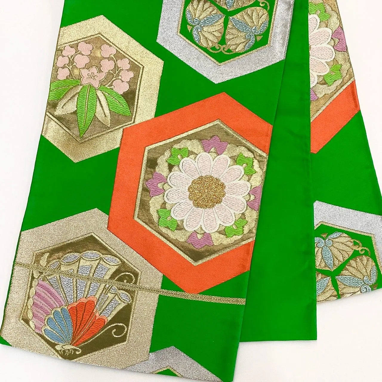 6278# Japanese Vintage Fukuro Obi Belt Kimono Fabric Silk Traditional Green