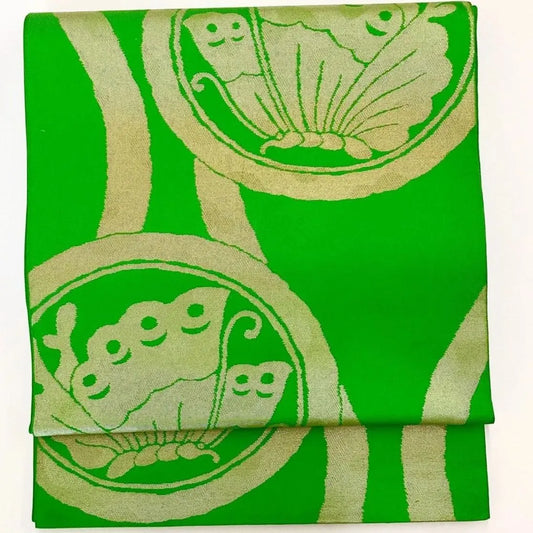 6256# Japanese Vintage Fukuro Obi Belt Kimono Fabric Silk Traditional Green