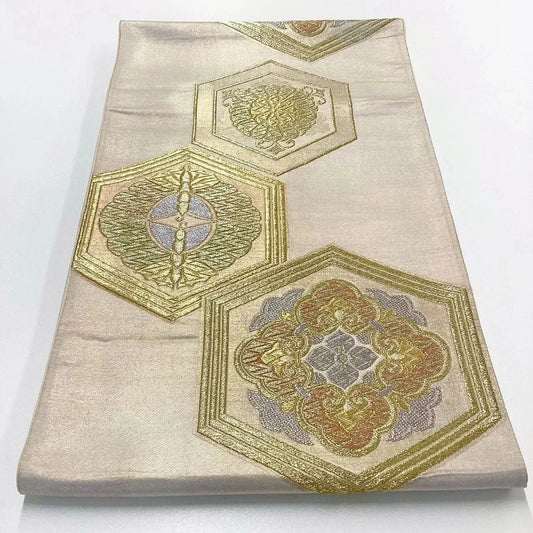 6266# Japanese Vintage Fukuro Obi Belt Kimono Fabric Silk Traditional Gold