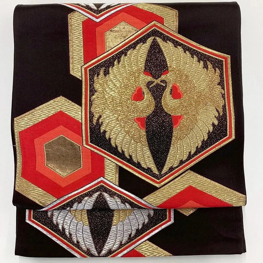 6268# Japanese Vintage Fukuro Obi Belt Kimono Fabric Silk Traditional Black