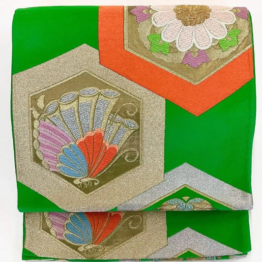 6278# Japanese Vintage Fukuro Obi Belt Kimono Fabric Silk Traditional Green