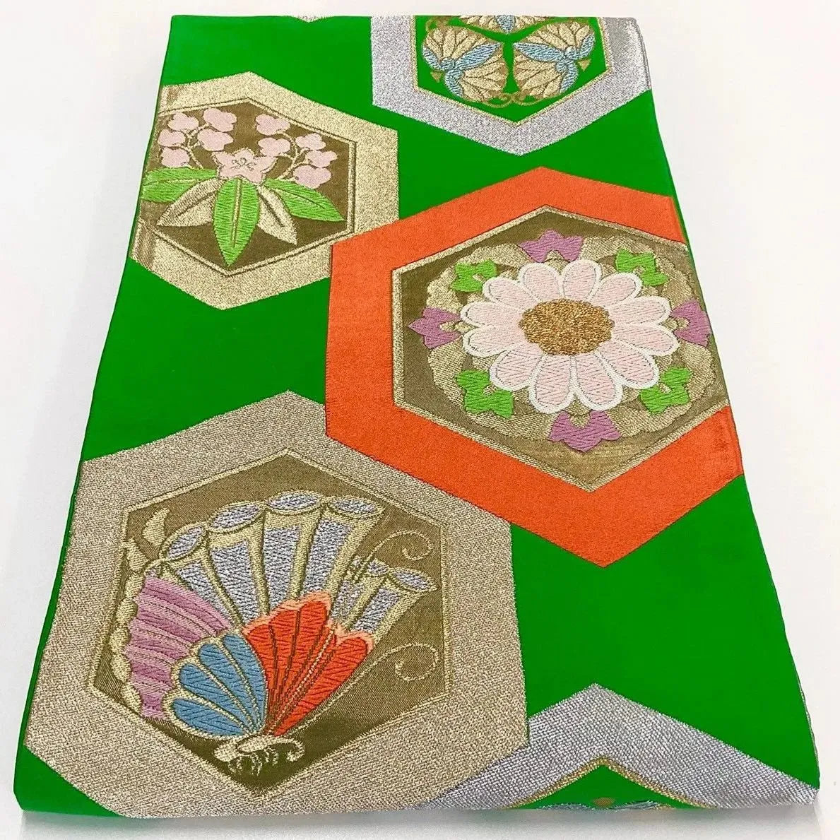 6278# Japanese Vintage Fukuro Obi Belt Kimono Fabric Silk Traditional Green
