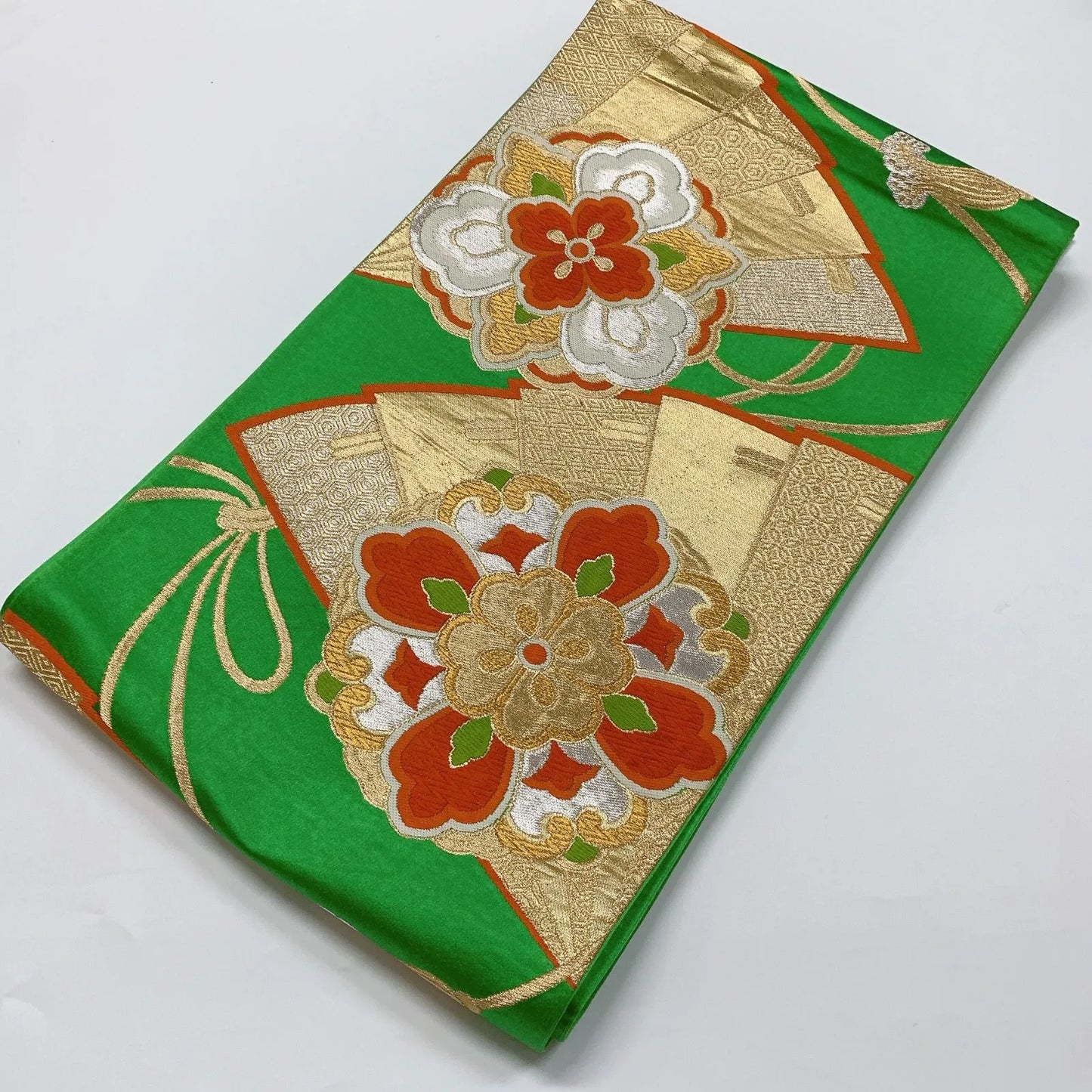 6280# Japanese Vintage Fukuro Obi Belt Kimono Fabric Silk Traditional Green
