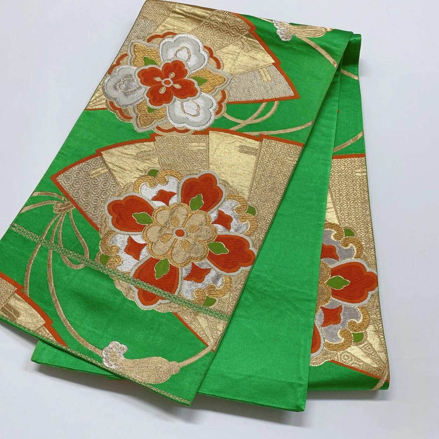 6280# Japanese Vintage Fukuro Obi Belt Kimono Fabric Silk Traditional Green
