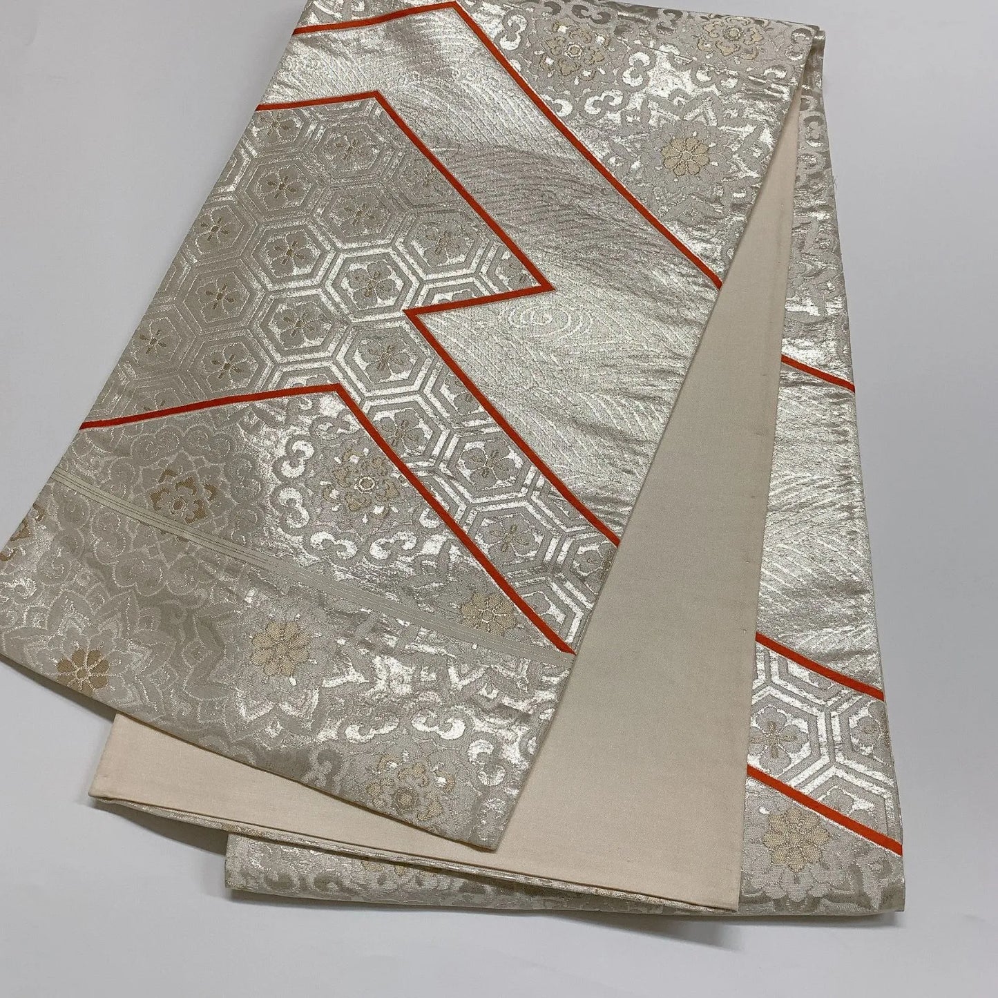 6287# Japanese Vintage Fukuro Obi Belt Kimono Fabric Silk Traditional Silver