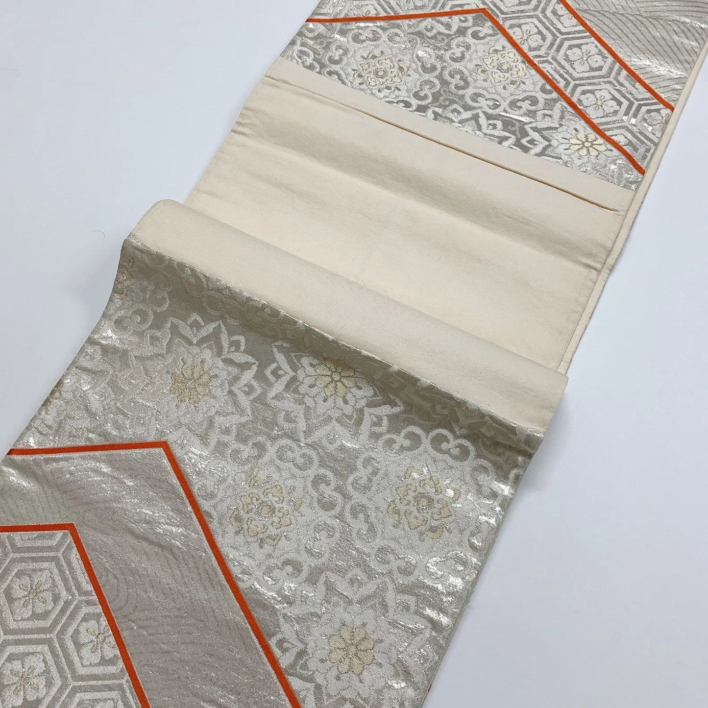 6287# Japanese Vintage Fukuro Obi Belt Kimono Fabric Silk Traditional Silver