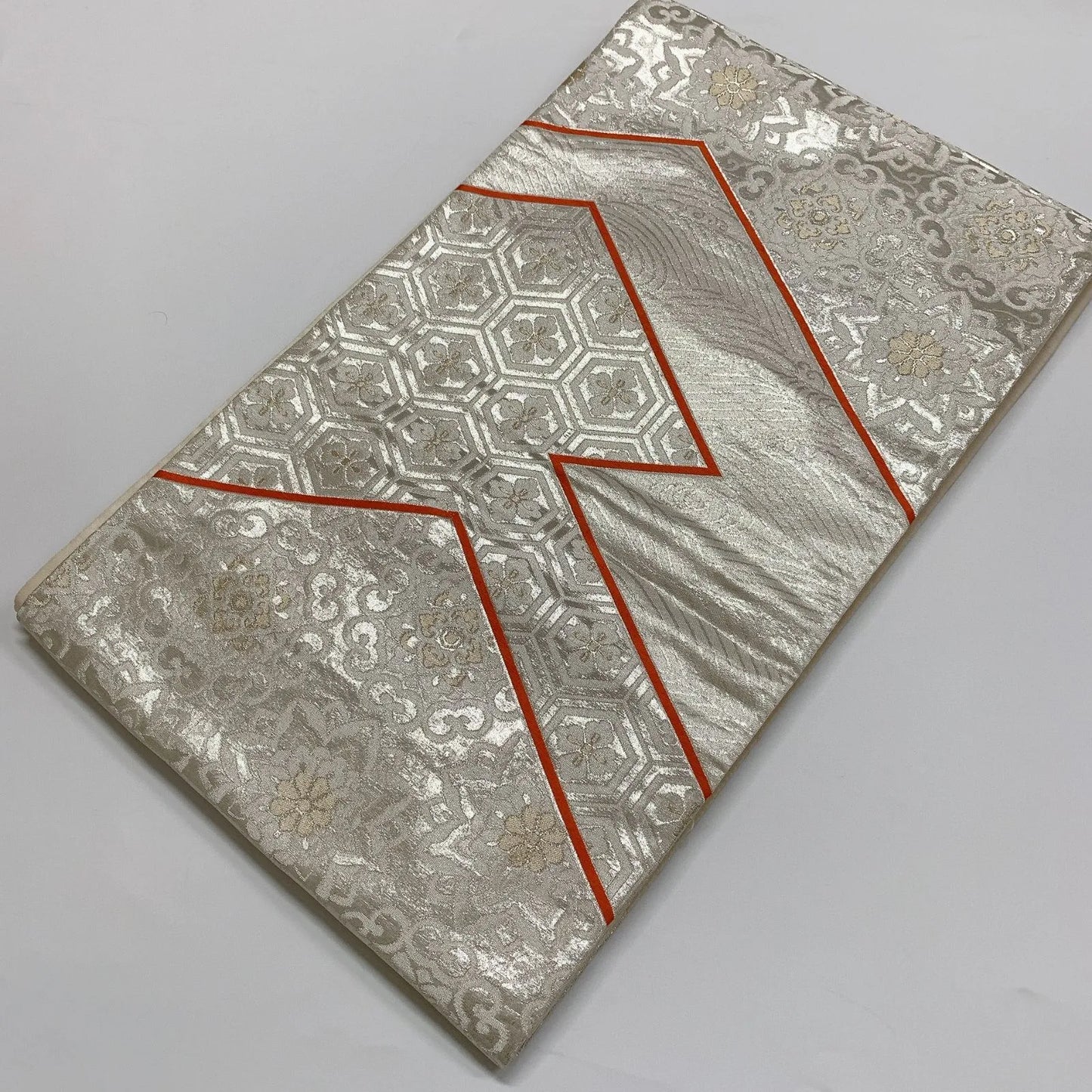 6287# Japanese Vintage Fukuro Obi Belt Kimono Fabric Silk Traditional Silver