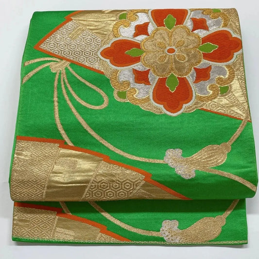 6280# Japanese Vintage Fukuro Obi Belt Kimono Fabric Silk Traditional Green