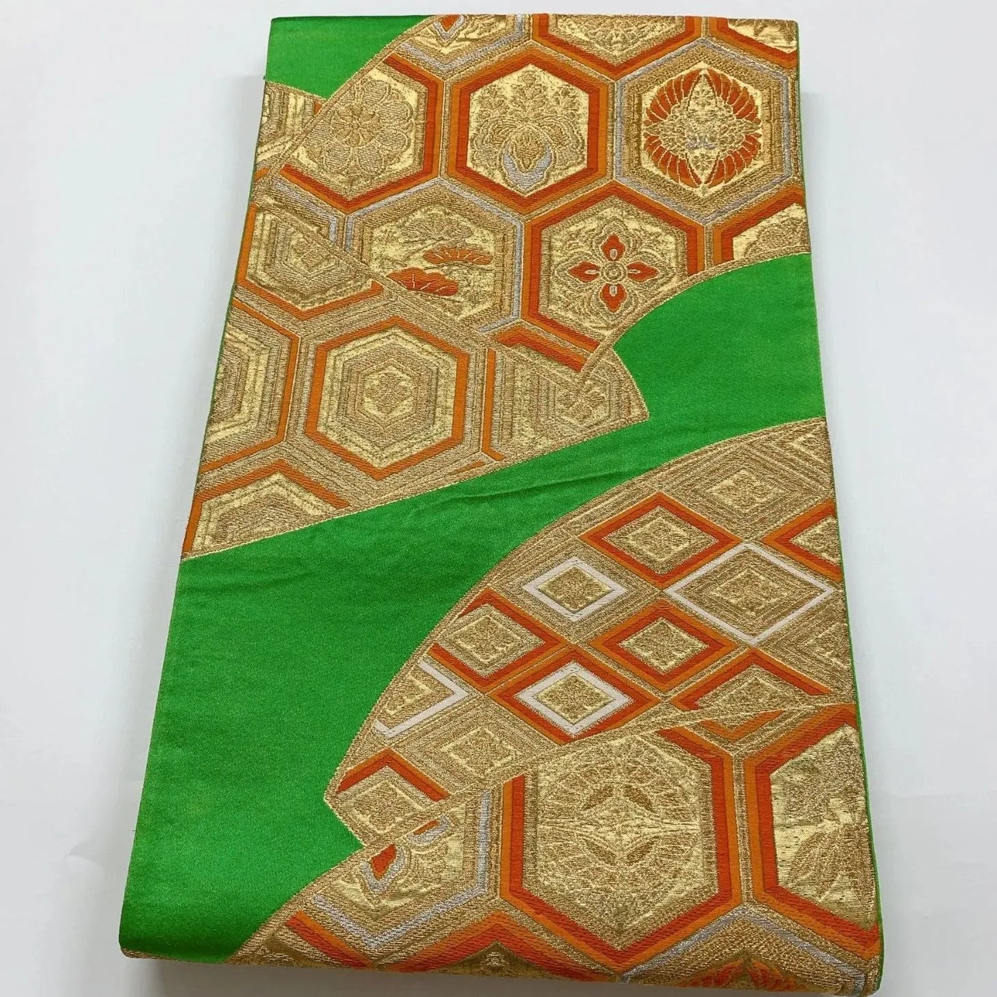 6282# Japanese Vintage Fukuro Obi Belt Kimono Fabric Silk Traditional Green