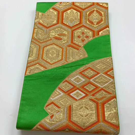 6282# Japanese Vintage Fukuro Obi Belt Kimono Fabric Silk Traditional Green