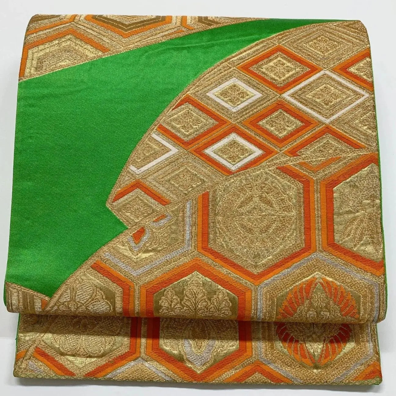 6282# Japanese Vintage Fukuro Obi Belt Kimono Fabric Silk Traditional Green