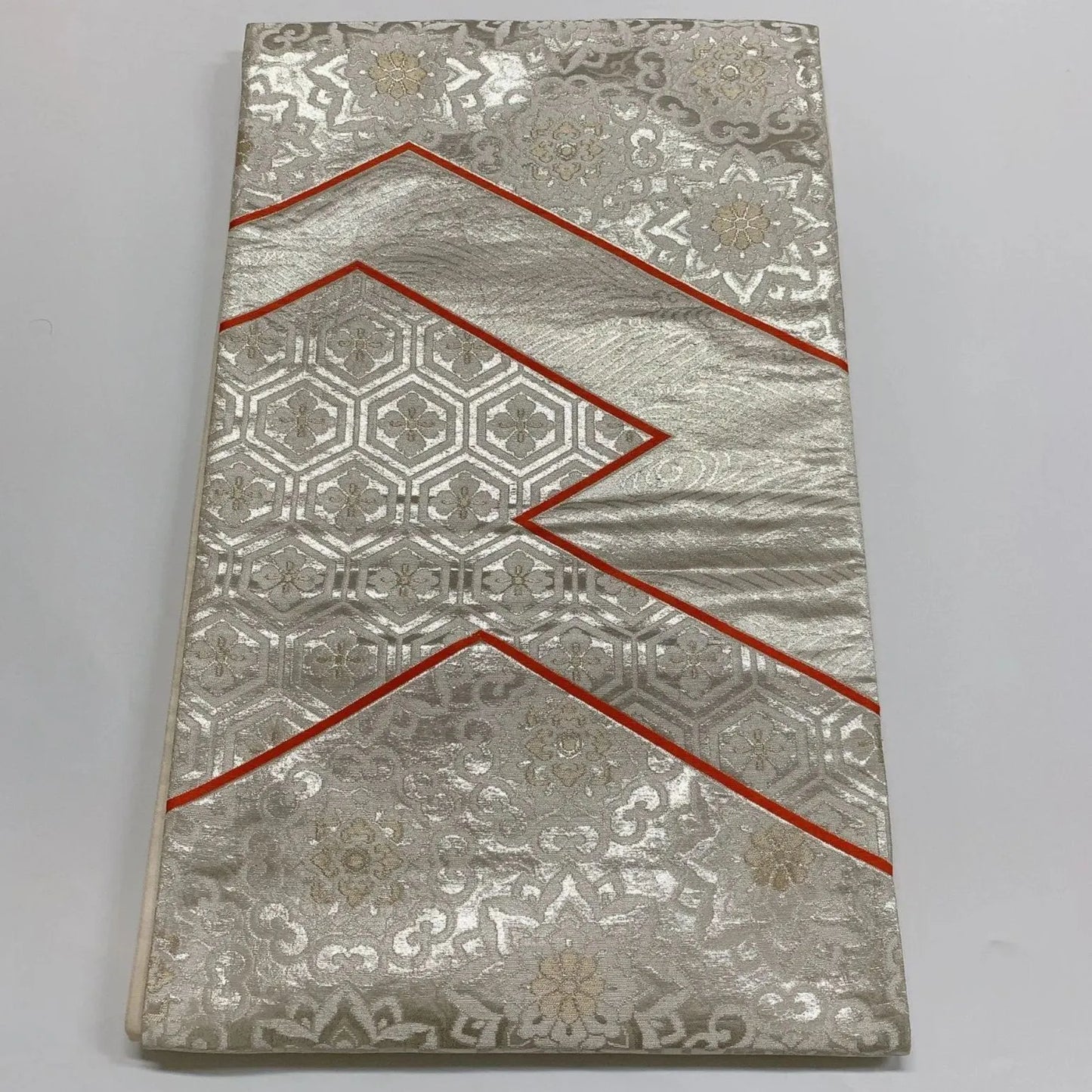 6287# Japanese Vintage Fukuro Obi Belt Kimono Fabric Silk Traditional Silver