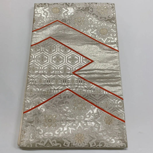 6287# Japanese Vintage Fukuro Obi Belt Kimono Fabric Silk Traditional Silver