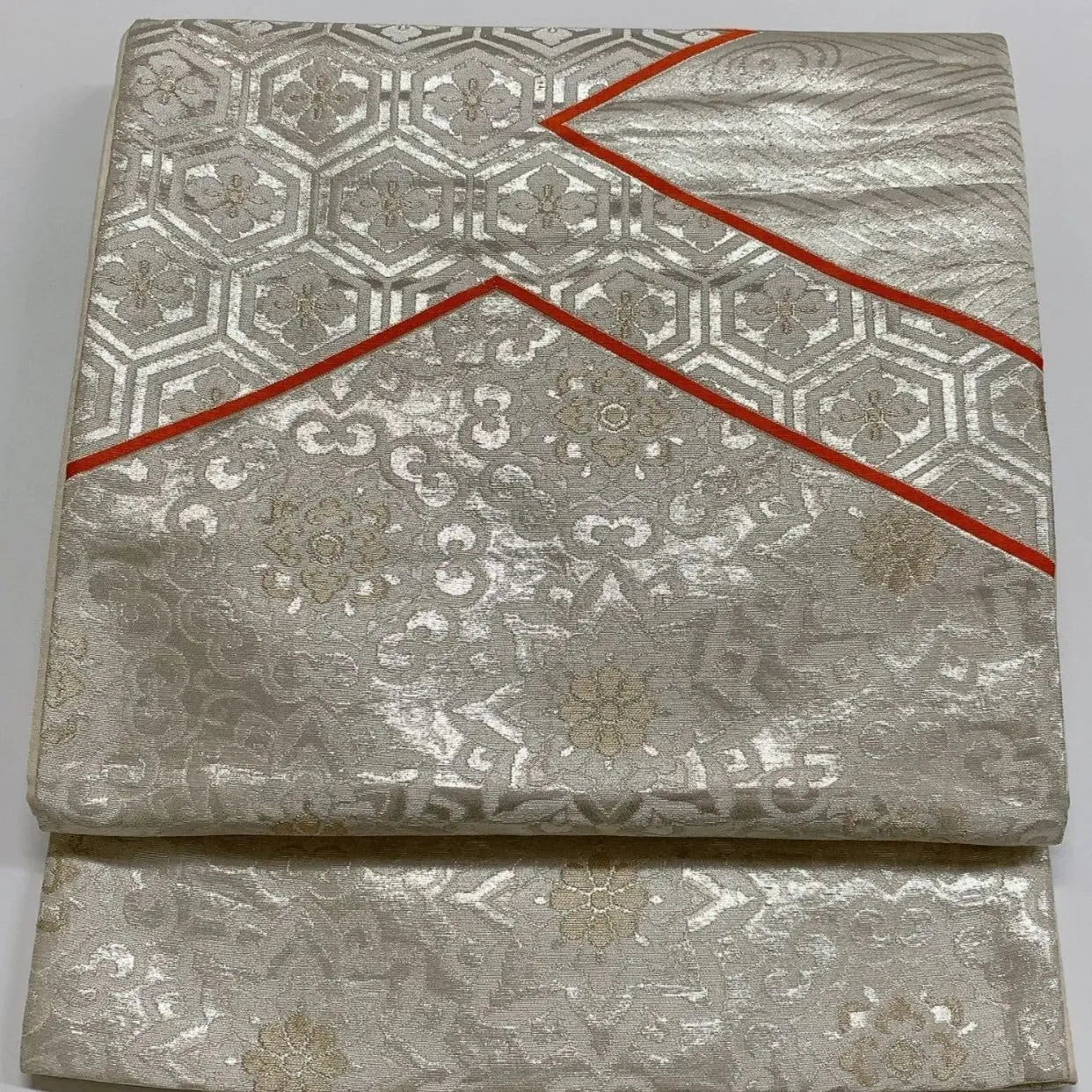 6287# Japanese Vintage Fukuro Obi Belt Kimono Fabric Silk Traditional Silver