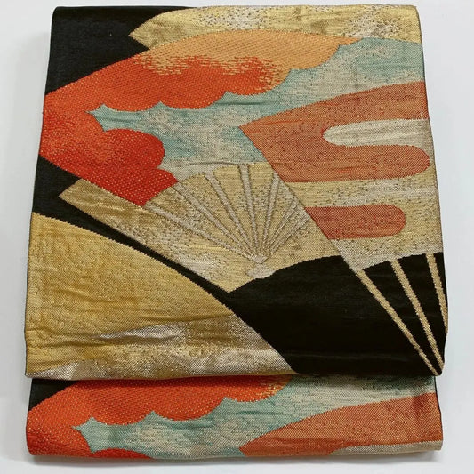 6288# Japanese Vintage Fukuro Obi Belt Kimono Fabric Silk Traditional Black