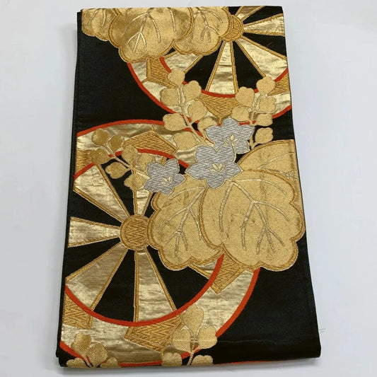 6289# Japanese Vintage Fukuro Obi Belt Kimono Fabric Silk Traditional Black