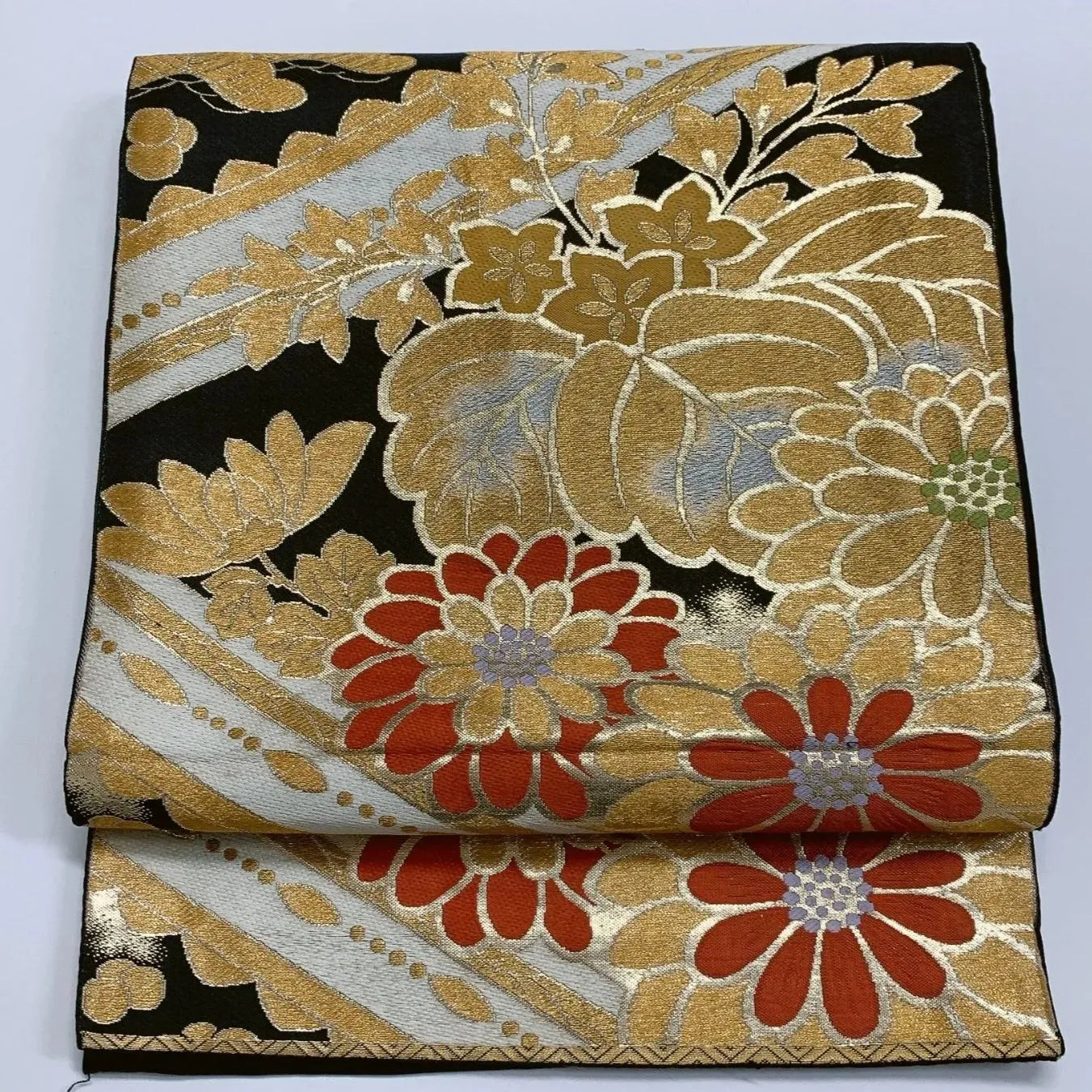 6290# Japanese Vintage Fukuro Obi Belt Kimono Fabric Silk Traditional Black