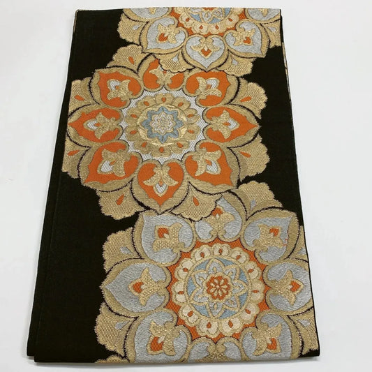 6293# Japanese Vintage Fukuro Obi Belt Kimono Fabric Silk Traditional Black