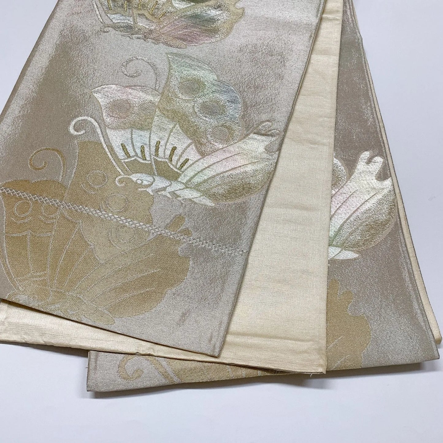 6326# Japanese Vintage Fukuro Obi Belt Kimono Fabric Silk Traditional Silver