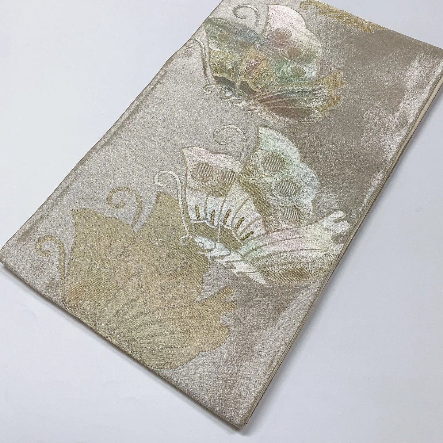 6326# Japanese Vintage Fukuro Obi Belt Kimono Fabric Silk Traditional Silver