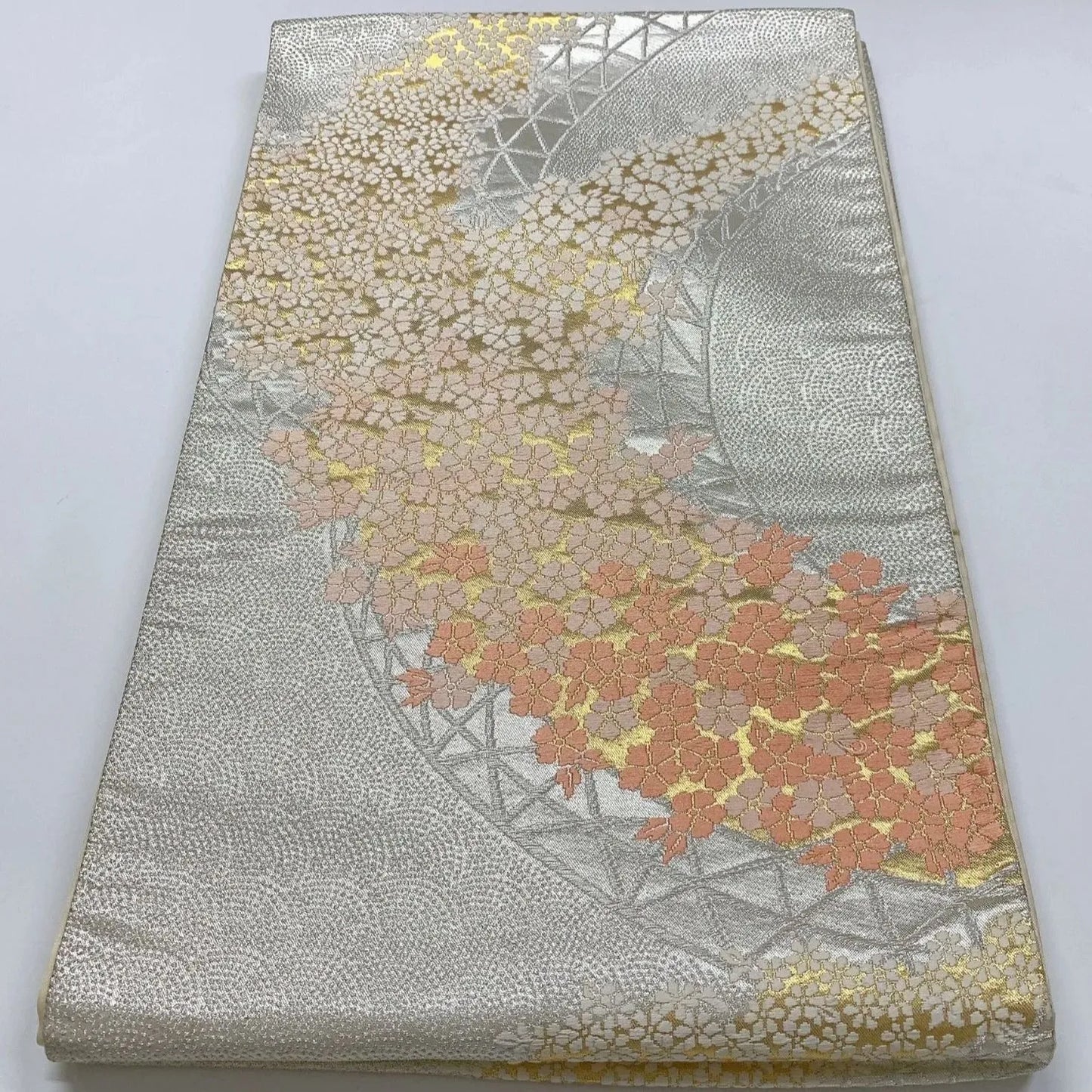 6315# Japanese Vintage Fukuro Obi Belt Kimono Fabric Silk Traditional Silver