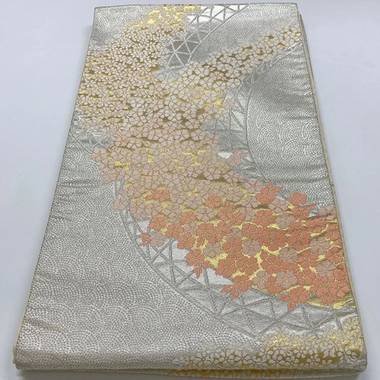 6315# Japanese Vintage Fukuro Obi Belt Kimono Fabric Silk Traditional Silver