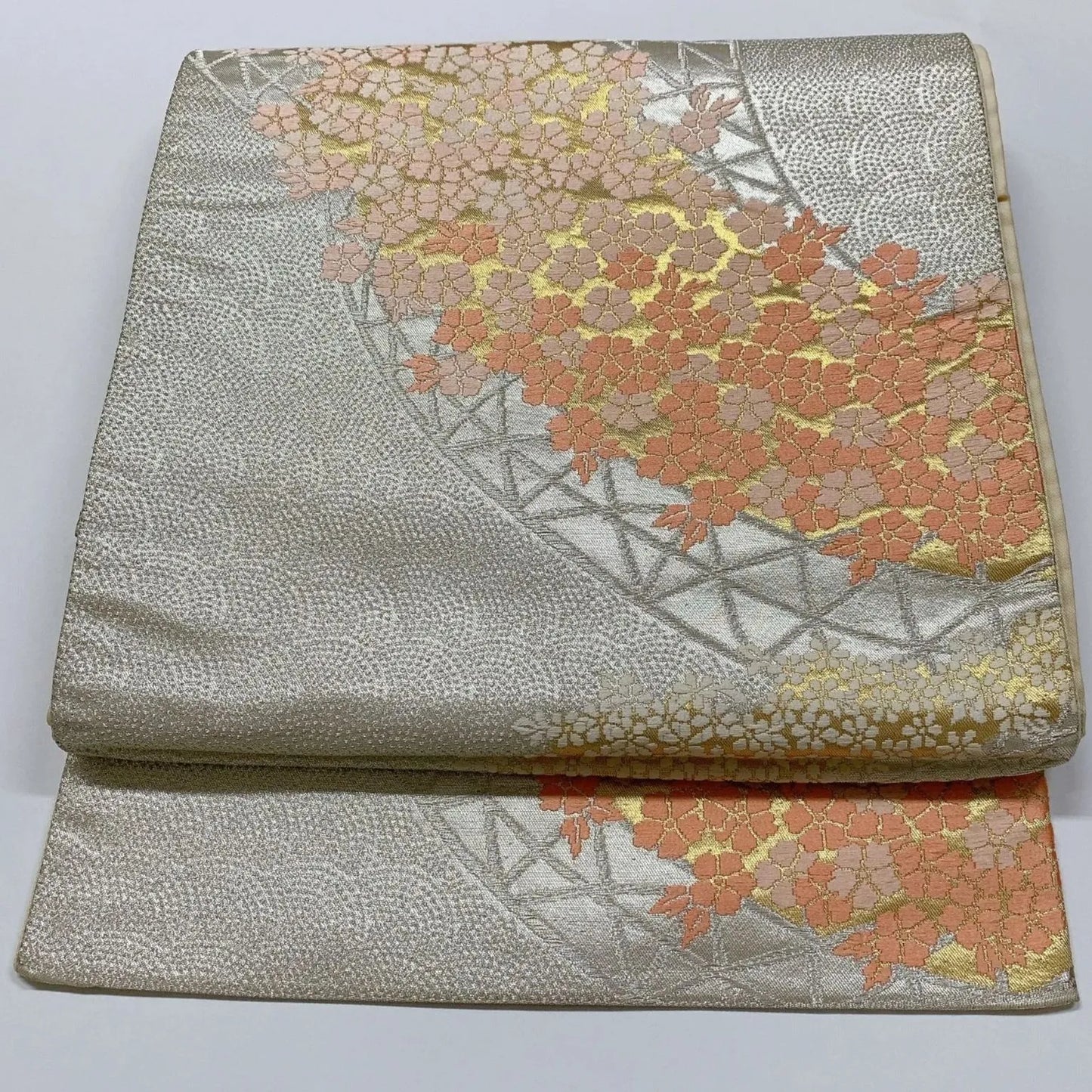 6315# Japanese Vintage Fukuro Obi Belt Kimono Fabric Silk Traditional Silver