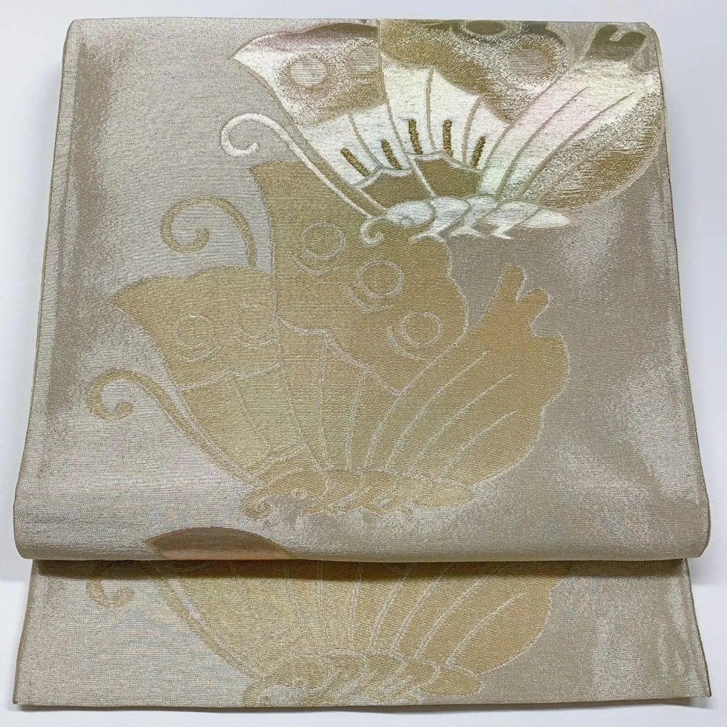 6326# Japanese Vintage Fukuro Obi Belt Kimono Fabric Silk Traditional Silver