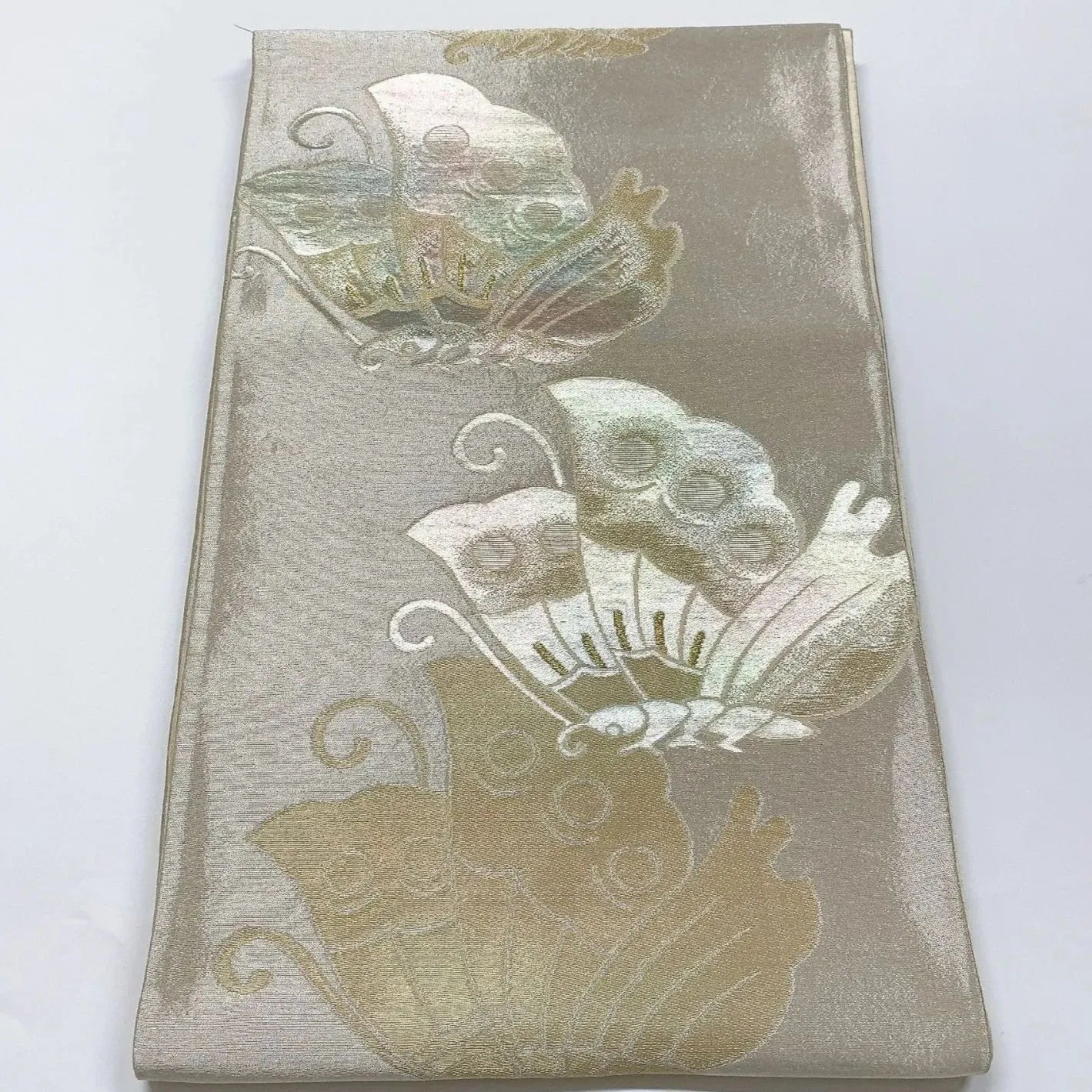 6326# Japanese Vintage Fukuro Obi Belt Kimono Fabric Silk Traditional Silver