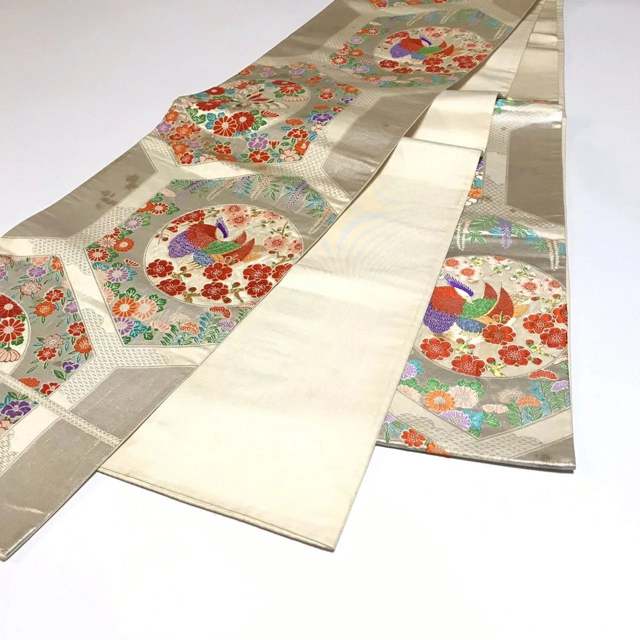 6336# Japanese Vintage Fukuro Obi Belt Kimono Fabric Silk Traditional Silver