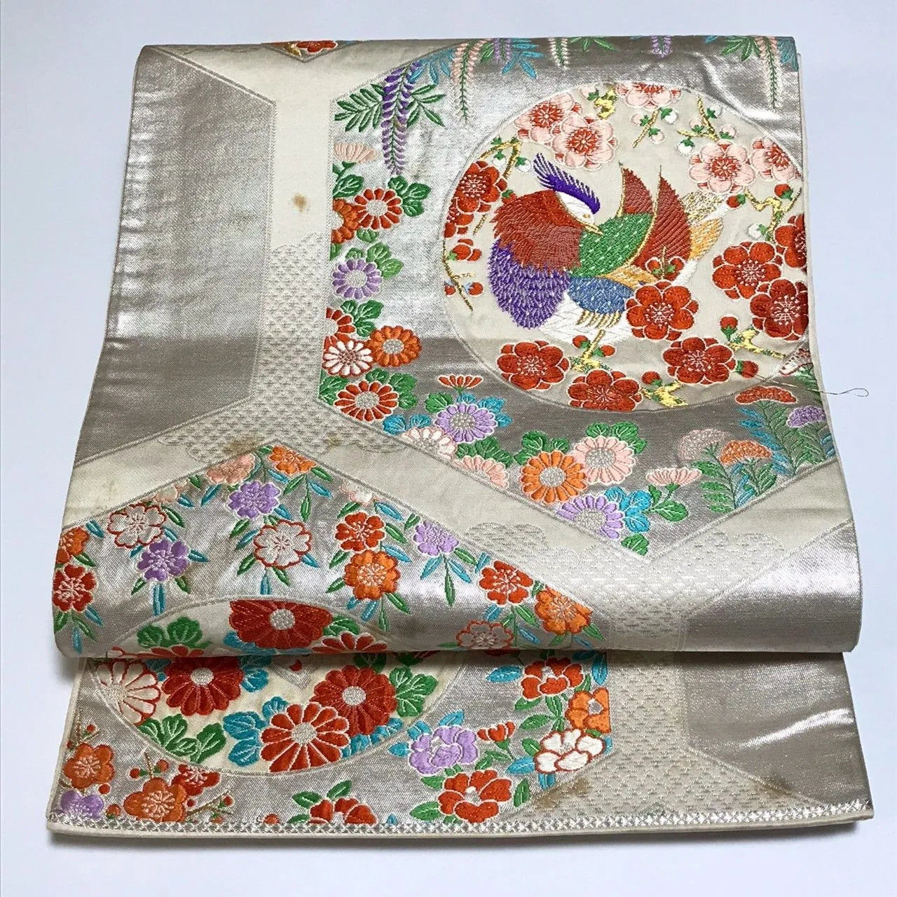 6336# Japanese Vintage Fukuro Obi Belt Kimono Fabric Silk Traditional Silver