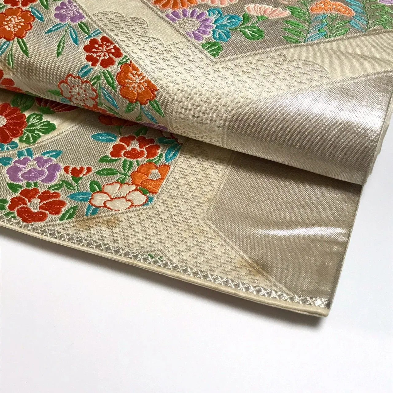 6336# Japanese Vintage Fukuro Obi Belt Kimono Fabric Silk Traditional Silver