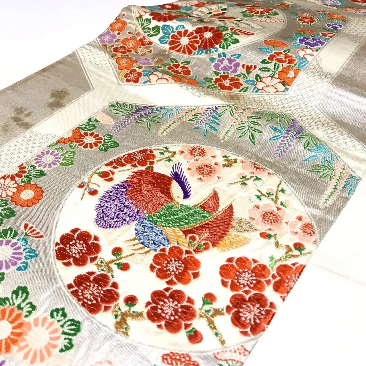 6336# Japanese Vintage Fukuro Obi Belt Kimono Fabric Silk Traditional Silver