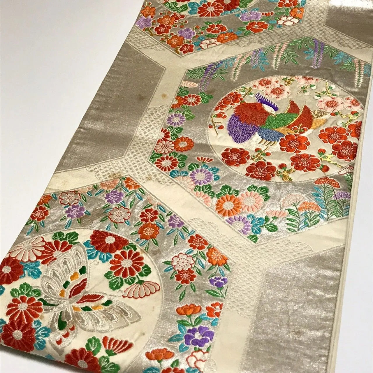 6336# Japanese Vintage Fukuro Obi Belt Kimono Fabric Silk Traditional Silver
