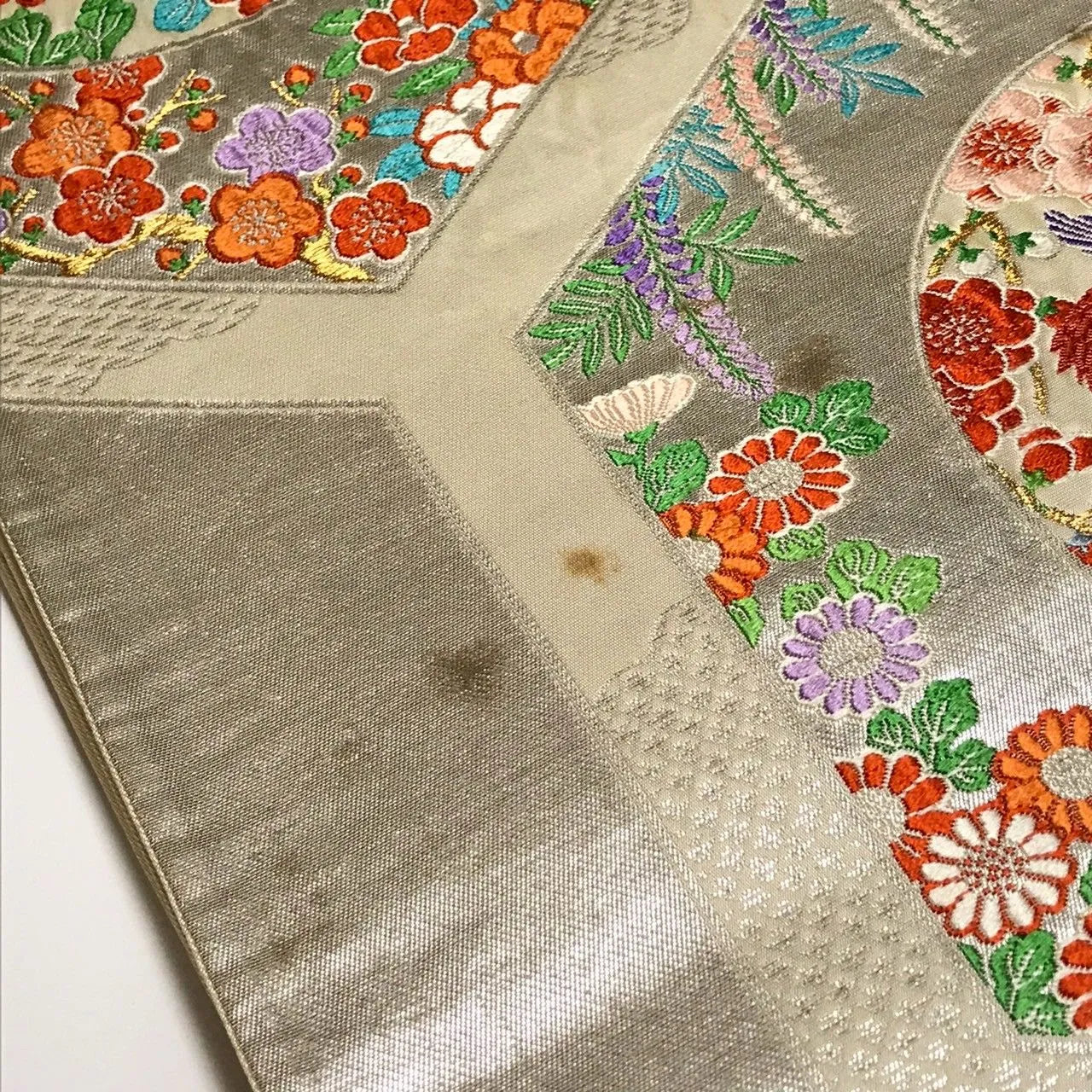 6336# Japanese Vintage Fukuro Obi Belt Kimono Fabric Silk Traditional Silver