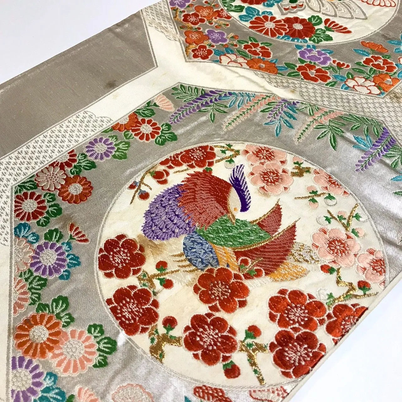 6336# Japanese Vintage Fukuro Obi Belt Kimono Fabric Silk Traditional Silver