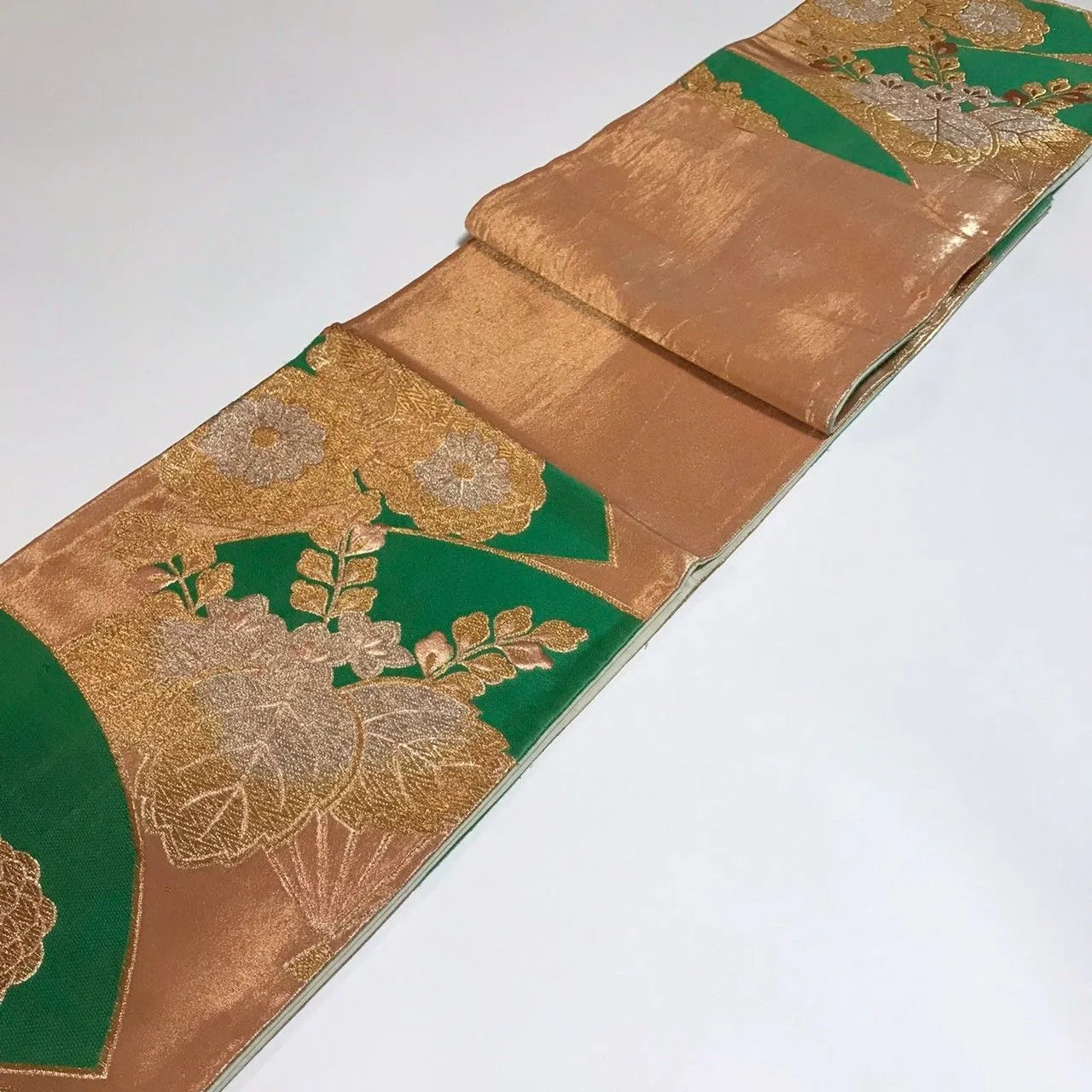 6339# Japanese Vintage Fukuro Obi Belt Kimono Fabric Silk Traditional Green