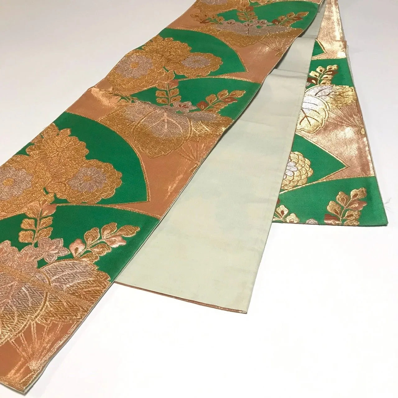 6339# Japanese Vintage Fukuro Obi Belt Kimono Fabric Silk Traditional Green