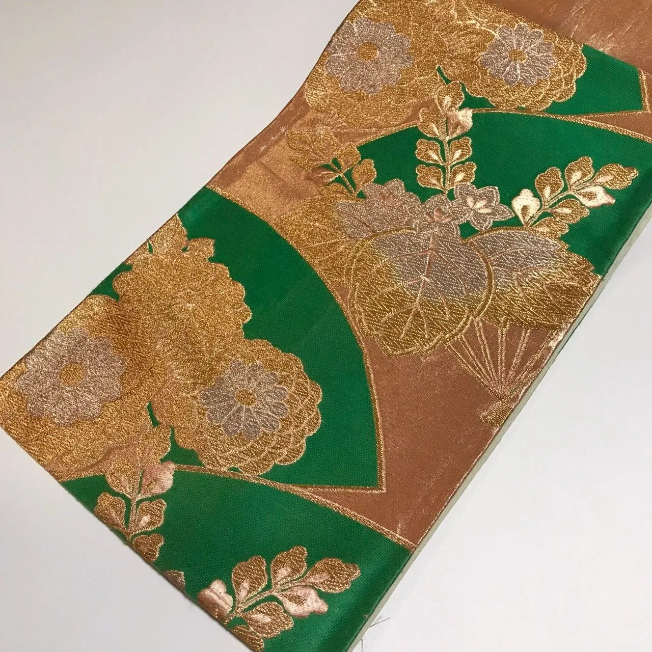 6339# Japanese Vintage Fukuro Obi Belt Kimono Fabric Silk Traditional Green