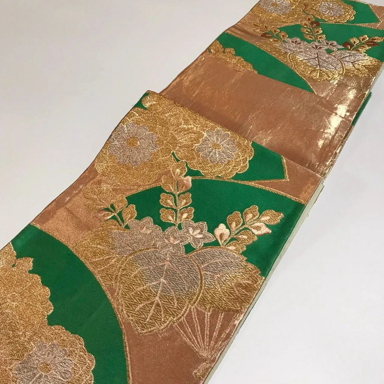 6339# Japanese Vintage Fukuro Obi Belt Kimono Fabric Silk Traditional Green