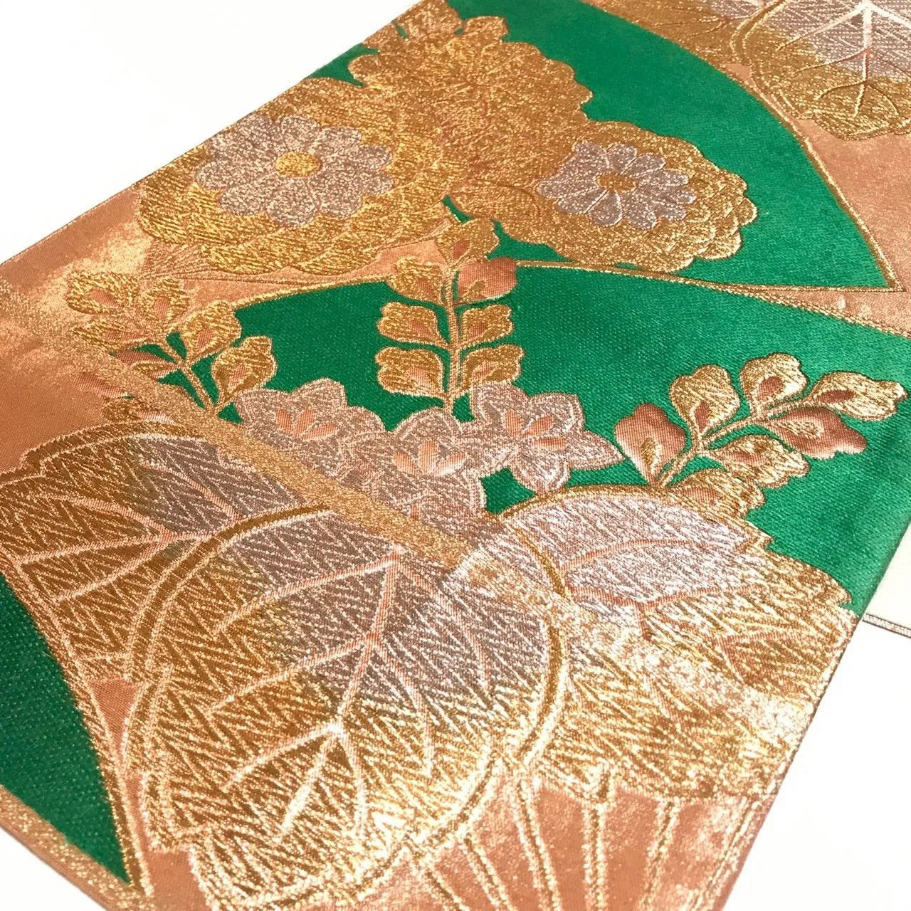 6339# Japanese Vintage Fukuro Obi Belt Kimono Fabric Silk Traditional Green