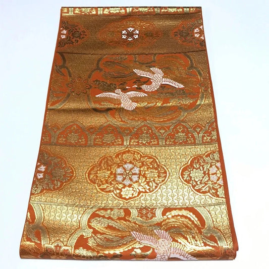 6332# Japanese Vintage Fukuro Obi Belt Kimono Fabric Silk Traditional Gold