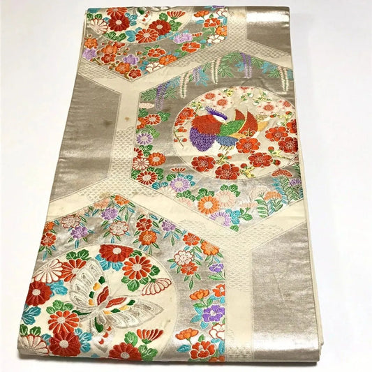 6336# Japanese Vintage Fukuro Obi Belt Kimono Fabric Silk Traditional Silver