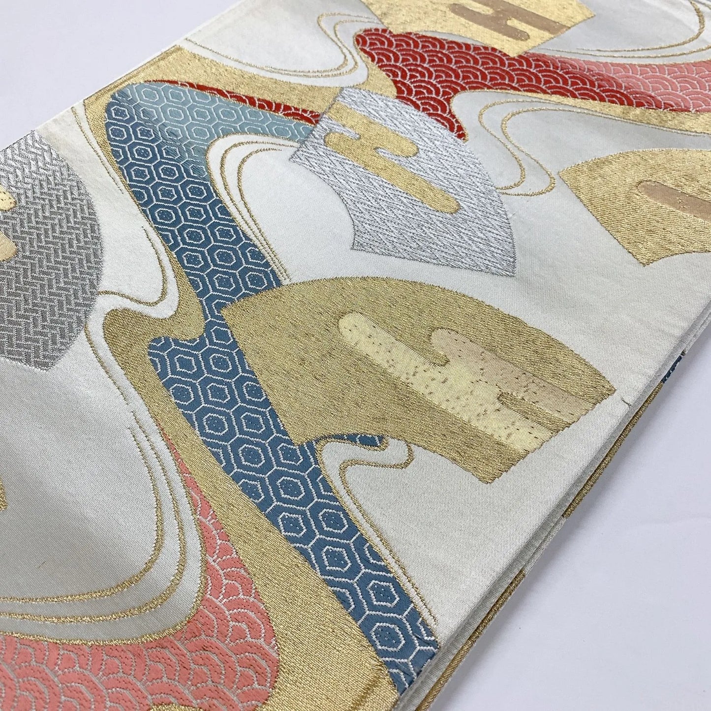 6343# Japanese Vintage Fukuro Obi Belt Kimono Fabric Silk Traditional Silver