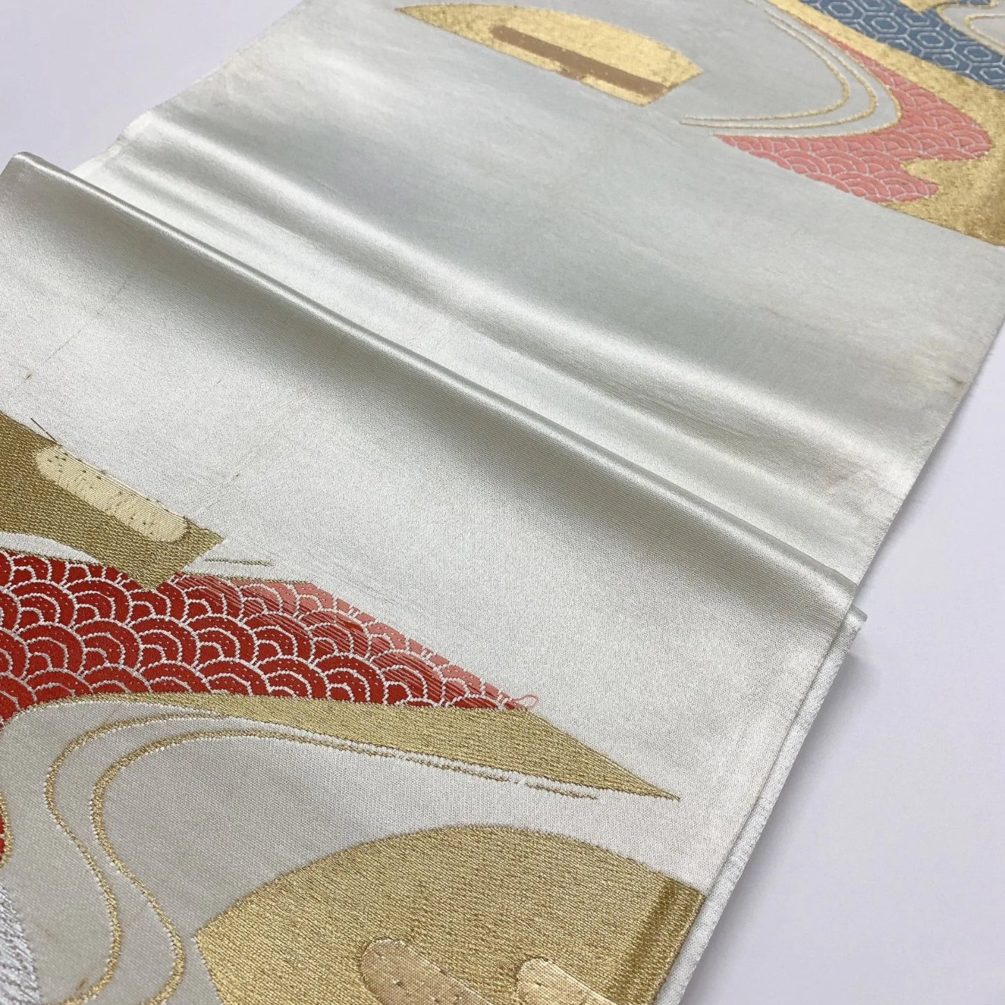 6343# Japanese Vintage Fukuro Obi Belt Kimono Fabric Silk Traditional Silver