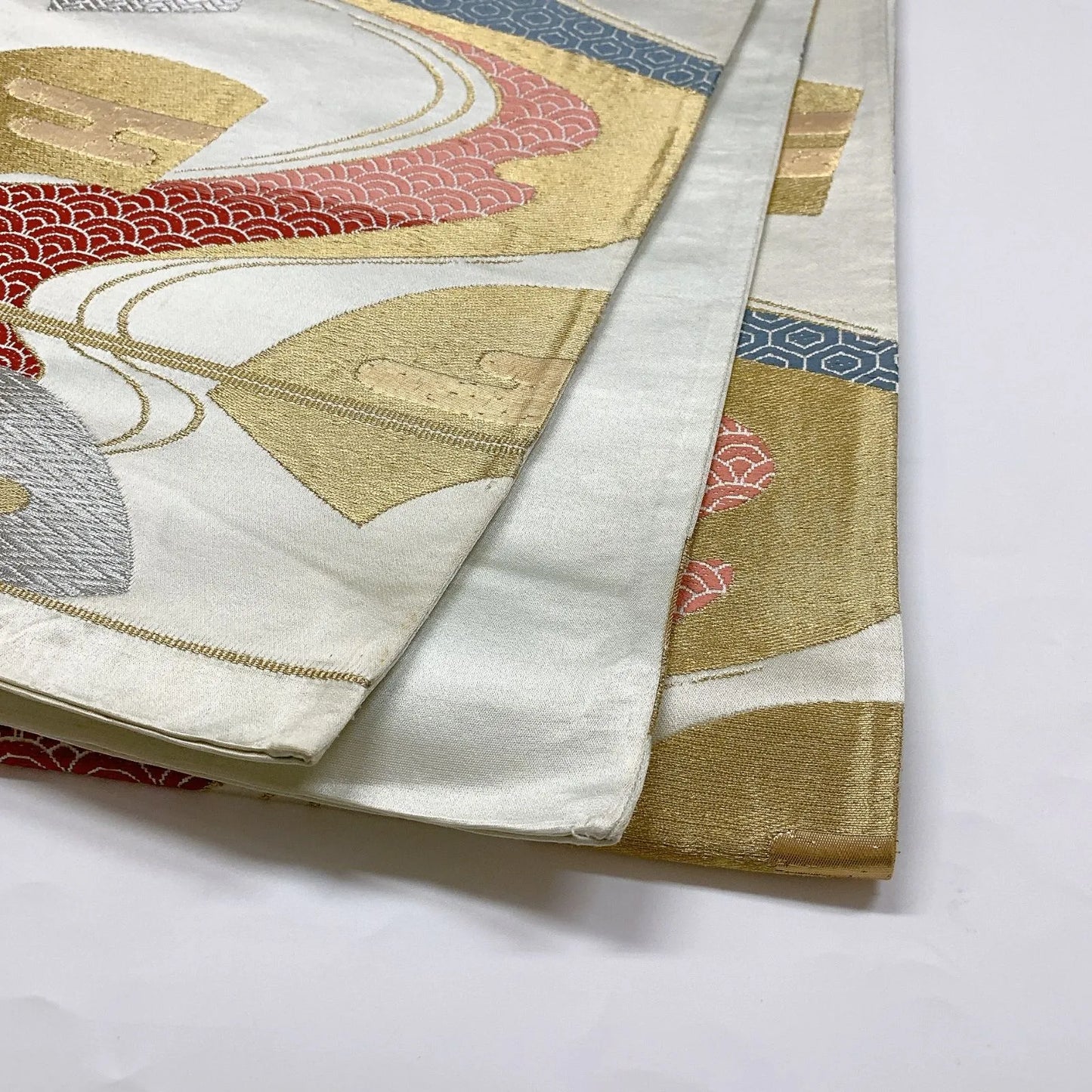 6343# Japanese Vintage Fukuro Obi Belt Kimono Fabric Silk Traditional Silver