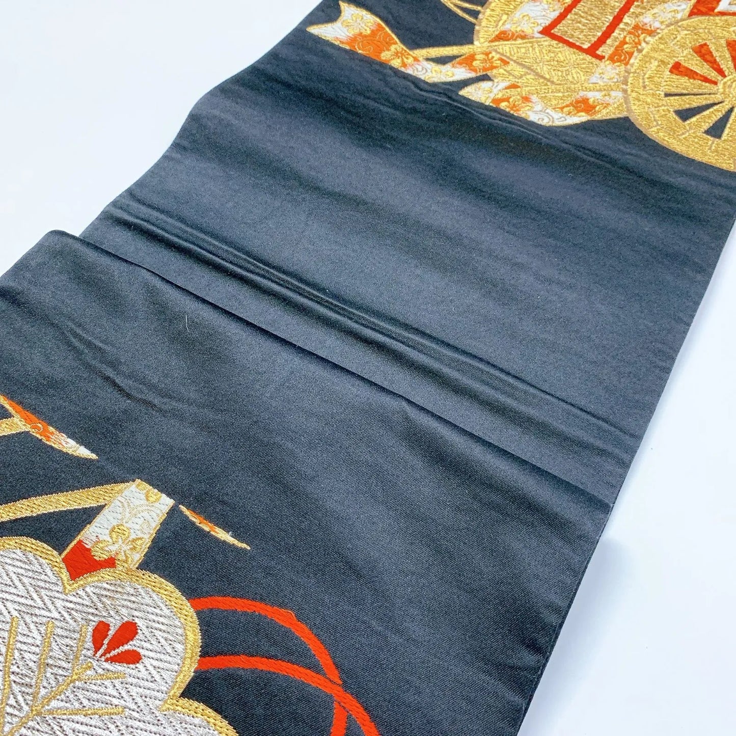 6348# Japanese Vintage Fukuro Obi Belt Kimono Fabric Silk Traditional Black