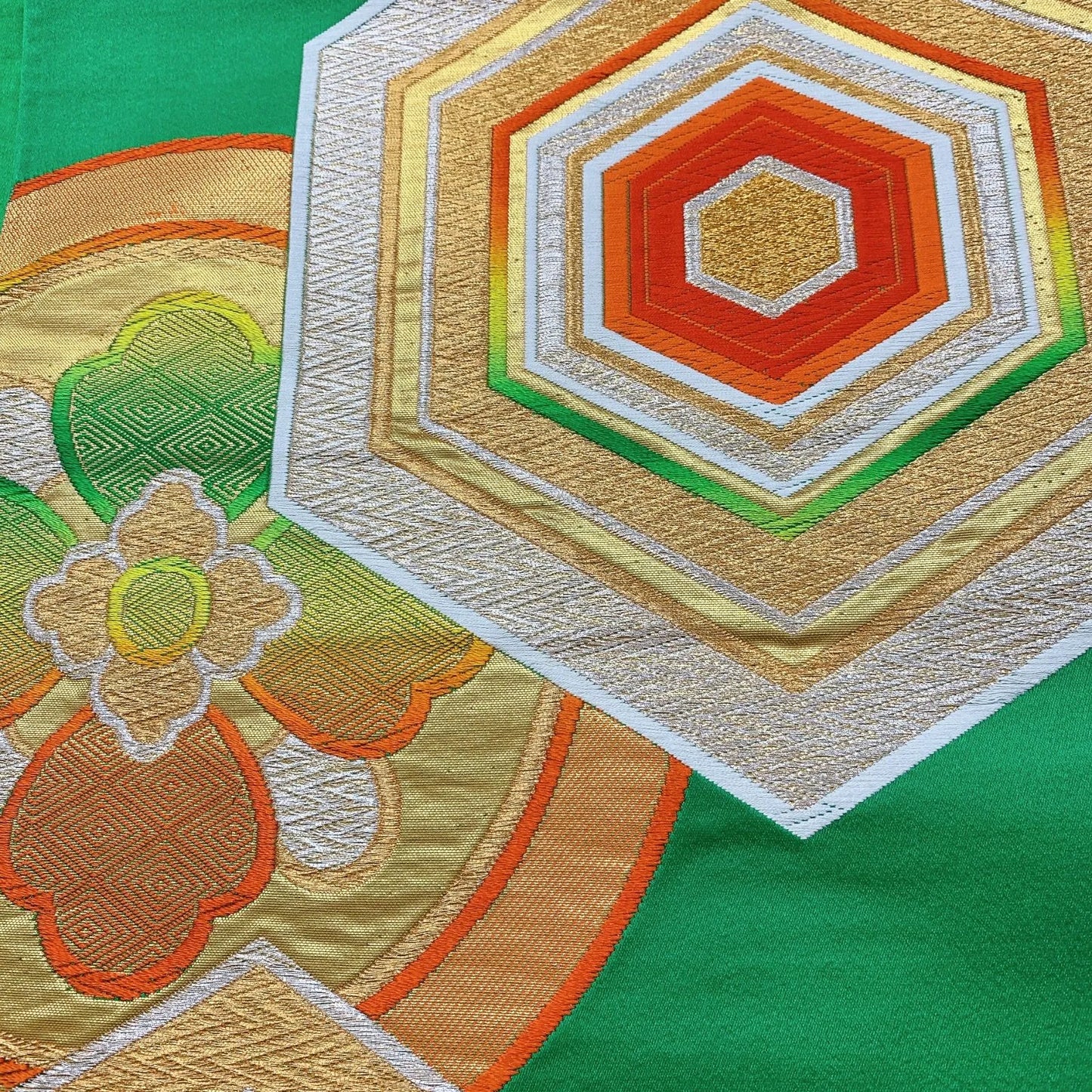 6350# Japanese Vintage Fukuro Obi Belt Kimono Fabric Silk Traditional Green