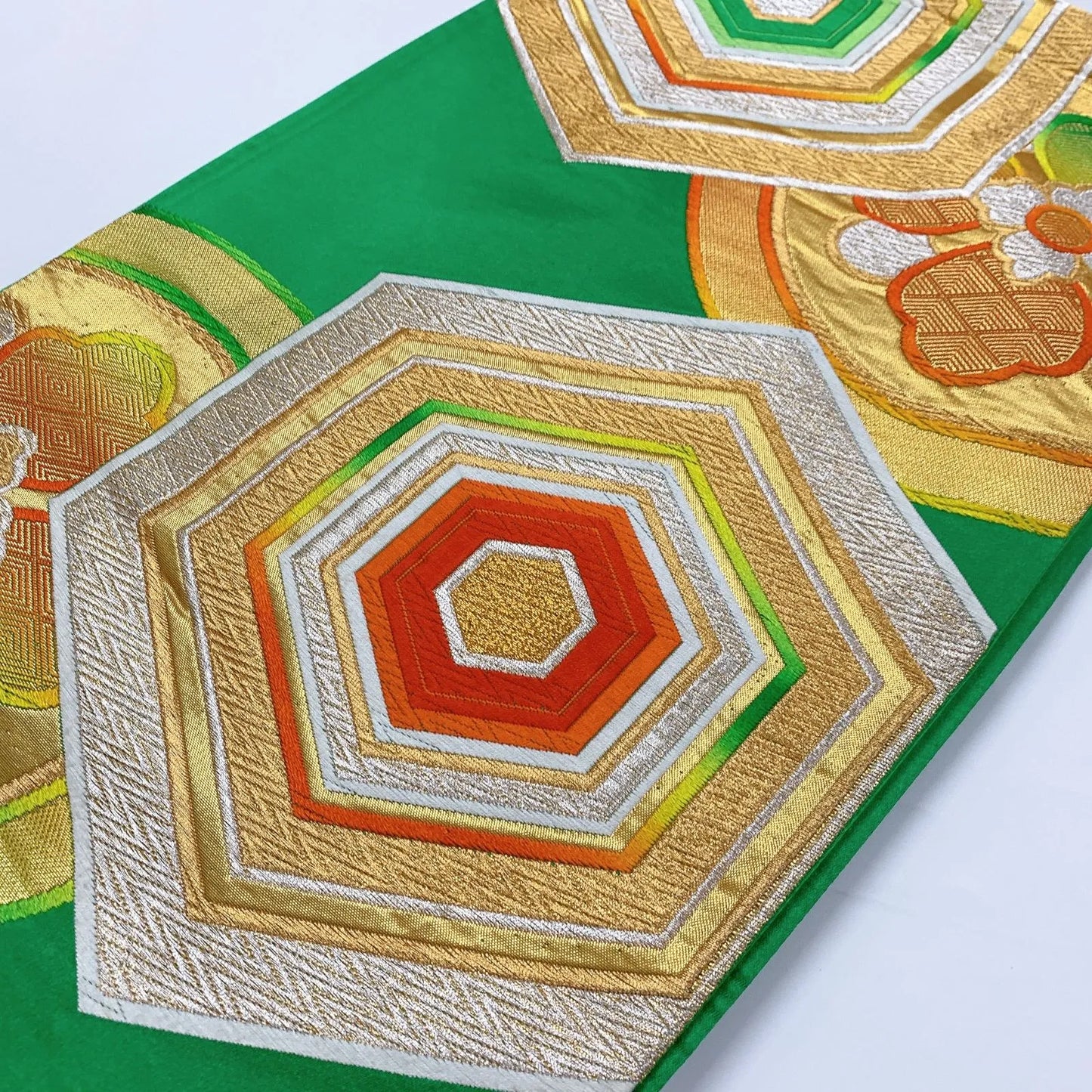 6350# Japanese Vintage Fukuro Obi Belt Kimono Fabric Silk Traditional Green